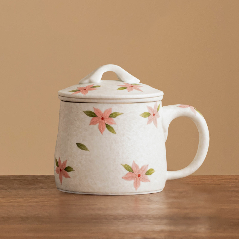 Cốc văn phòng hoa anh đào trắng khai thác đá cốc tách nước trà cốc gốm sứ vẽ tay gia dụng cốc trà văn phòng có nắp
