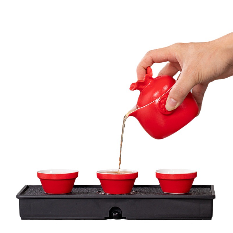 Bộ ấm chén sứ đen, một ấm ba chén, bộ ấm trà tiện lợi, bộ du lịch, túi du lịch, quà tặng, có thể thêm logo