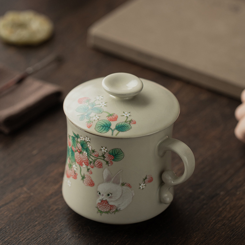 Ruyao Dâu Thỏ Trăng Lưỡi Liềm Cốc Nước Cốc Sứ Văn Phòng Có Nắp Hộ Gia Đình Công Suất Lớn Lọc Trà