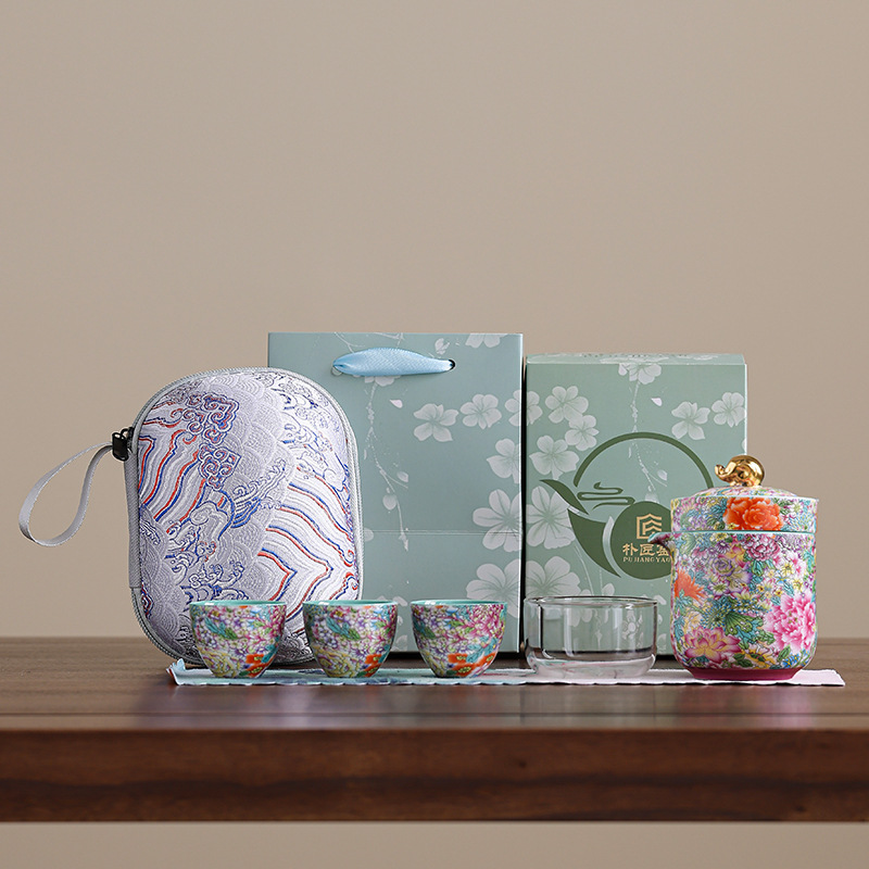 Bộ trà Kung Fu du lịch ngoài trời tráng men, một bình lọc bên trong, bốn cốc, tách trà thủy tinh, quà tặng