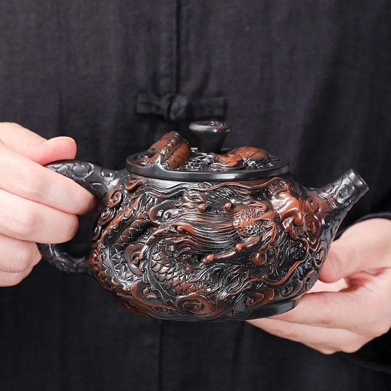 Ấm trà thủ công ấm trà đất sét tím nguyên chất đầy chạm khắc rồng tốt lành dụng cụ pha trà Kung Fu dung tích lớn ấm trà cao cấp chạm khắc ba chiều