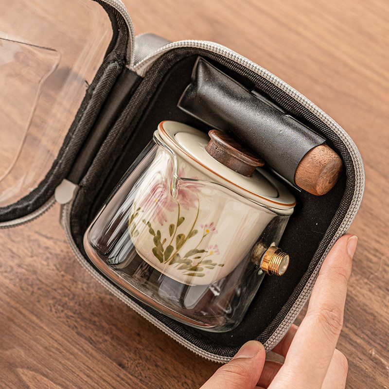 Bộ trà du lịch vẽ tay cúc họa mi nhỏ Bộ trà thủy tinh kiểu Trung Quốc một bình gốm sứ cầm tay hai cốc nhỏ