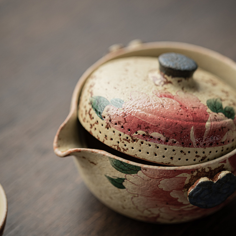 Bộ trà du lịch màu xanh và trắng, đá lửa đỏ, ấm gốm sứ, ba cốc, cốc chở khách di động, bộ trà du lịch xe hơi ngoài trời