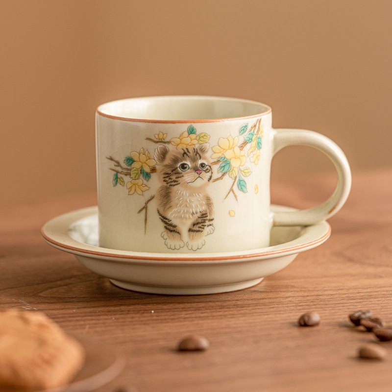 Cốc cà phê Moe Cat Ru Kiln Cốc trà tinh tế cao cấp Cốc nước Trung Quốc chuyên dụng cá nhân cho nữ Bộ đĩa cốc sữa