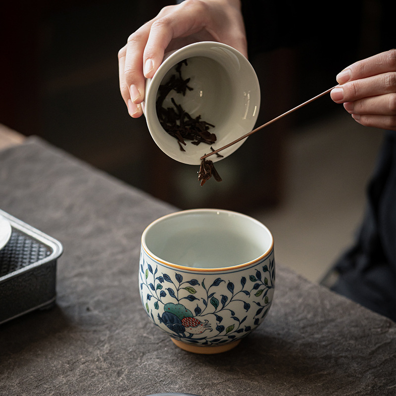 Phụ kiện bộ trà gốm sứ cao cấp cỡ nhỏ màu xanh và trắng rửa chén có nắp dùng trong gia đình