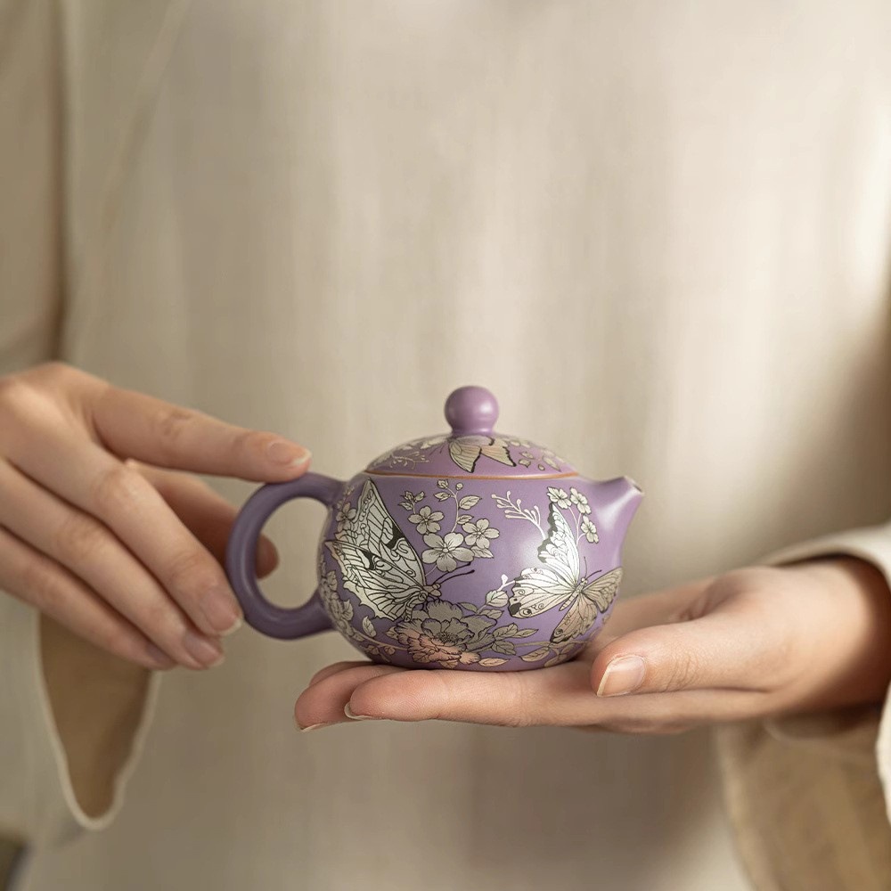 Giả Song Ru Lò Nung Bạc Bướm Hoa Tình Yêu Trái Tim Thoải Mái Ấm Trà Gốm Sứ Gia Đình Ấm Trà Phong Cách Trung Hoa Bộ Trà Kung Fu Dung Tích Lớn.