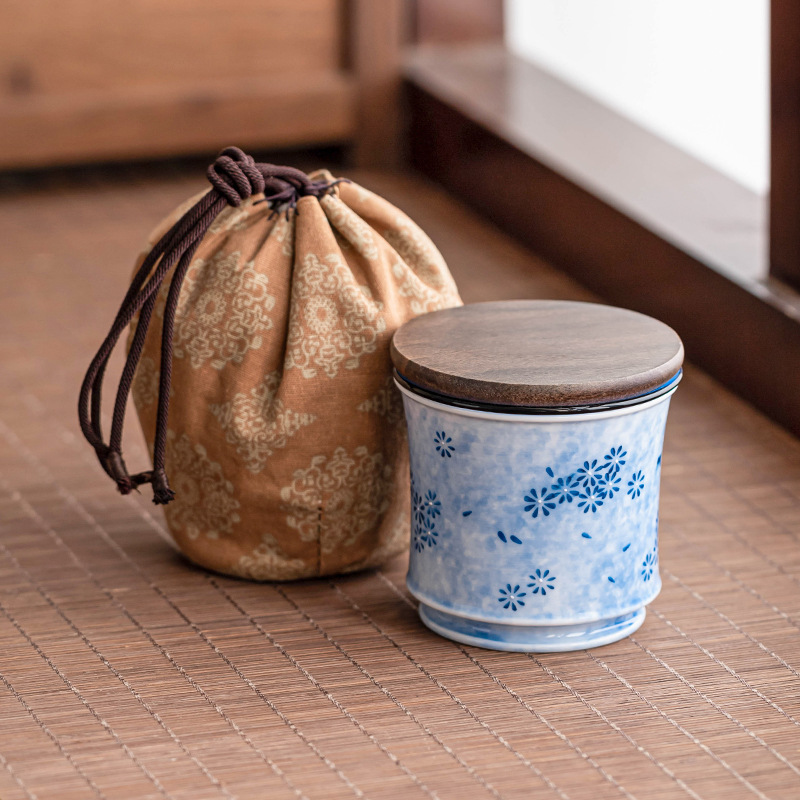 Bộ trà du lịch hoa cúc xanh, cốc uống trà cho một người, cốc chở khách nhanh bằng gốm tươi nhỏ, cốc pha trà cắm trại cầm tay ngoài trời