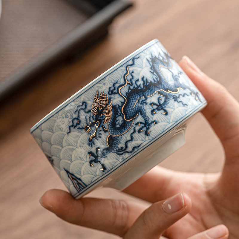 Cốc chủ nhân hình rồng xanh trắng sai màu vàng bạc cốc thẳng miệng, cốc trà gốm sứ cao cấp cá nhân, cốc trà ngon