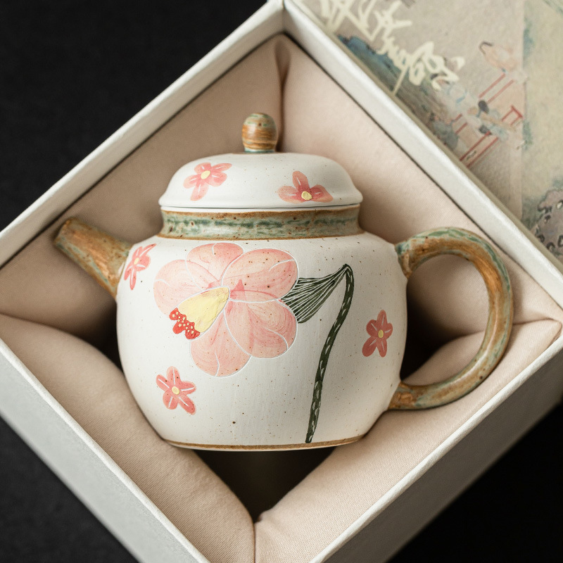Ấm trà hoa chuông chạm khắc màu hồng ấm trà gốm sứ bộ trà Kung Fu kiểu Trung Quốc ấm trà nhỏ gia dụng lọc trà tinh tế ấm đơn