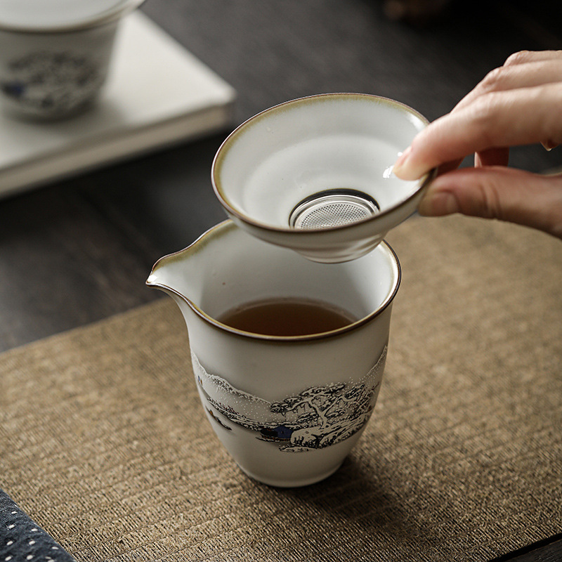 Bộ ấm trà Ru Kiln Bộ hộp quà bát ba nắp gốm sứ cốc pha trà cao cấp Bộ ấm trà Kung Fu tặng quà cốc công bằng gia dụng