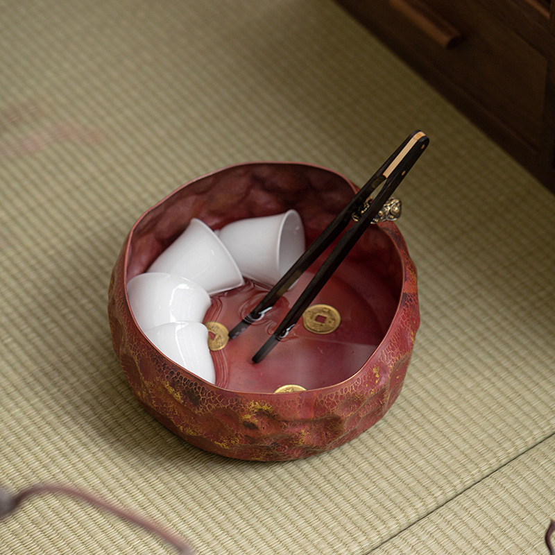 Chậu rửa trà bằng đồng lớn dùng trong gia đình, xô đựng cặn trà cao cấp, dụng cụ rửa chén và chứa nước, bình đựng nước trà phong cách cổ điển Trung Quốc.