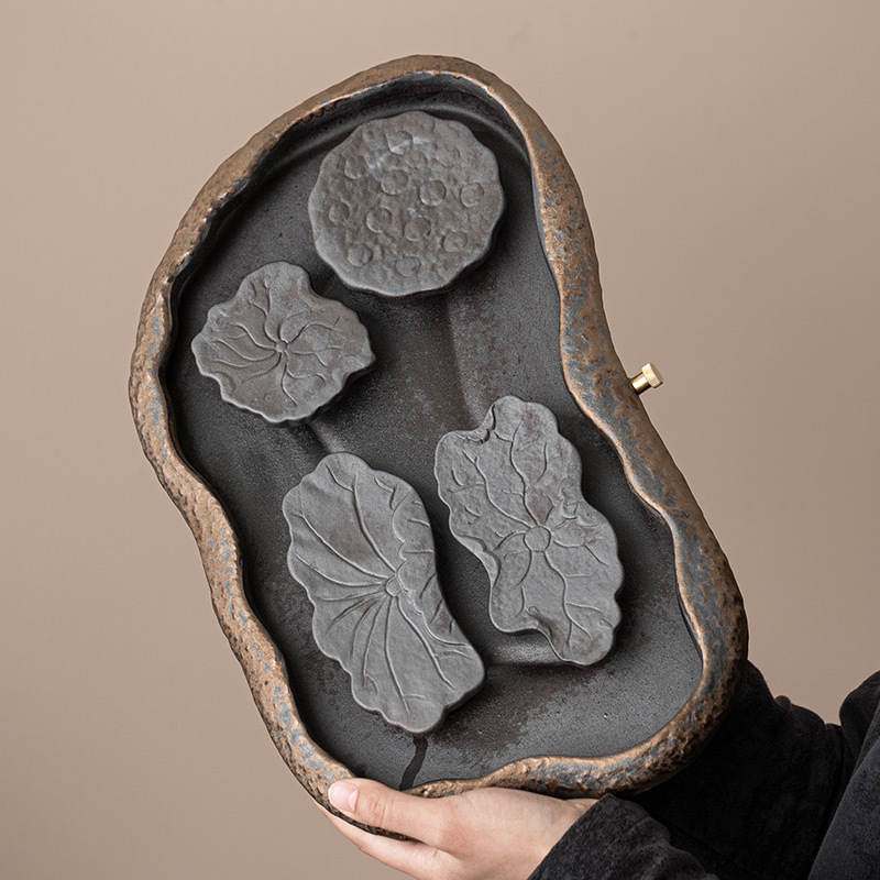 Khay Trà lá sen kiểu Trung Quốc phòng khách gia dụng bàn trà cổ điển gốm sứ nhỏ bàn pha khô khay pha trà kiểu trữ nước thoát nước