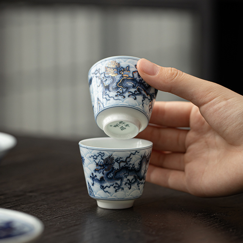Cốc trà nhỏ Kung Fu gốm sứ hoa văn rồng vàng bạc cốc pha trà gia dụng cốc thưởng thức cốc chủ nhân cổ điển cốc đơn cốc uống trà
