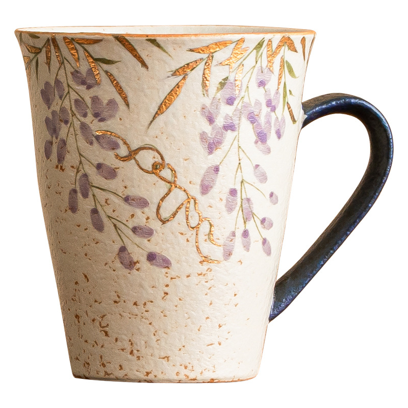 Cốc đá lửa trắng xanh cốc gốm sứ cao cấp cốc trà hoa tử đằng sơn vàng vẽ tay cốc nước dung tích lớn có tay cầm