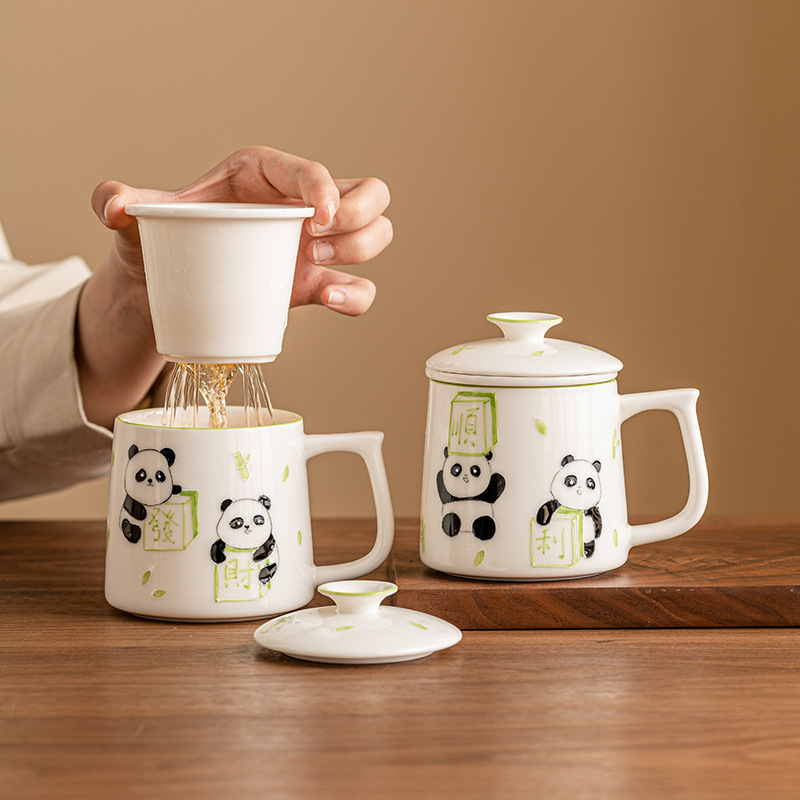 Cốc pha trà mạt chược gấu trúc vẽ tay cốc văn phòng tinh tế cao cấp cốc gốm sứ cốc tách nước trà cốc có lót