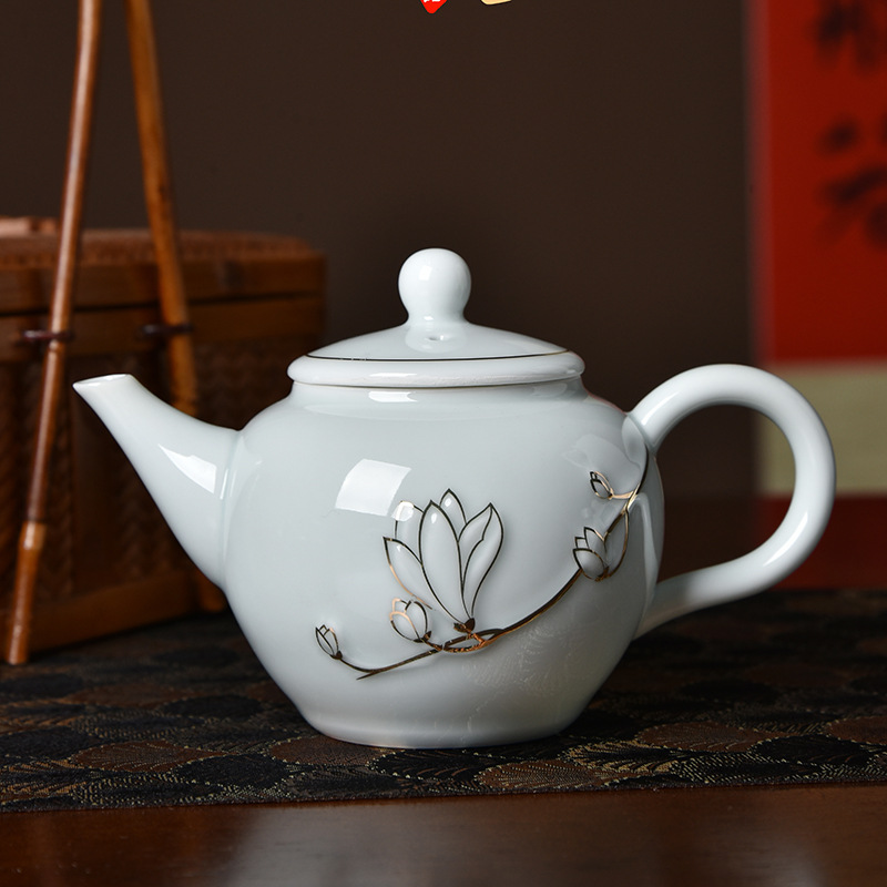 Bát có nắp ba tài gốm sứ dụng cụ pha trà Kung Fu gia dụng bát pha trà có nắp cốc trà sứ trắng khắc vàng bộ pha trà đơn Tianqing