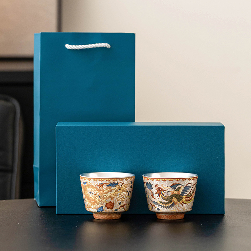 Nhà máy Xianglong Phoenix Cặp đôi Cốc đôi 999 Chén trà mạ bạc Cốc chủ sở hữu Bộ trà sang trọng nhẹ Hộp quà lưu niệm