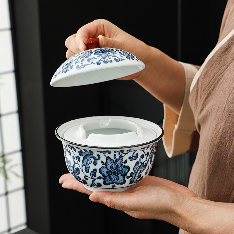 Gạt tàn sứ trắng xanh có nắp chống gió chống bay xám in hoa đầy đủ gia dụng cổ điển đồ trang trí để bàn cỡ lớn cá tính