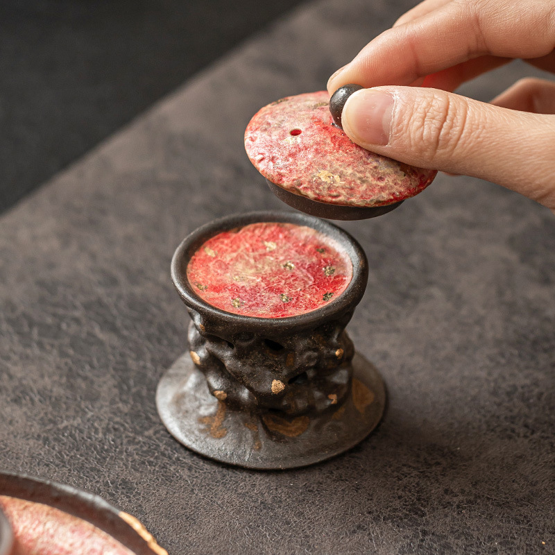 Đá mỏ màu gốm rắc vàng nắp đậy cao chân cốc đựng cốc phụ kiện trà đạo gia dụng bàn trà đồ trang trí nhỏ bằng gốm sứ thú cưng trà