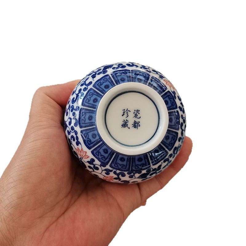 Bộ ấm chén trà sứ Jingdezhen, chén sen, chén đơn, chén lớn, màu xanh trắng