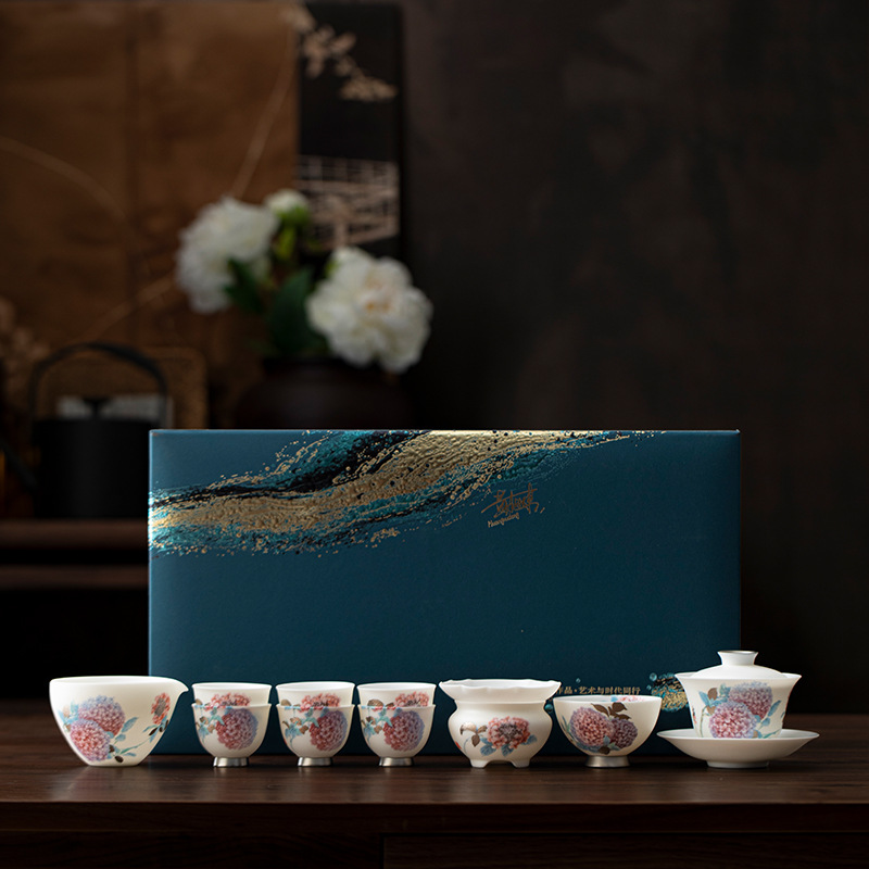 Bộ ấm trà bằng sứ ngọc bích bằng đá bào thai mỏng Dujingshanfang Hộp quà cốc pha trà bát hoa cẩm tú cầu vẽ tay cao cấp sang trọng nhẹ