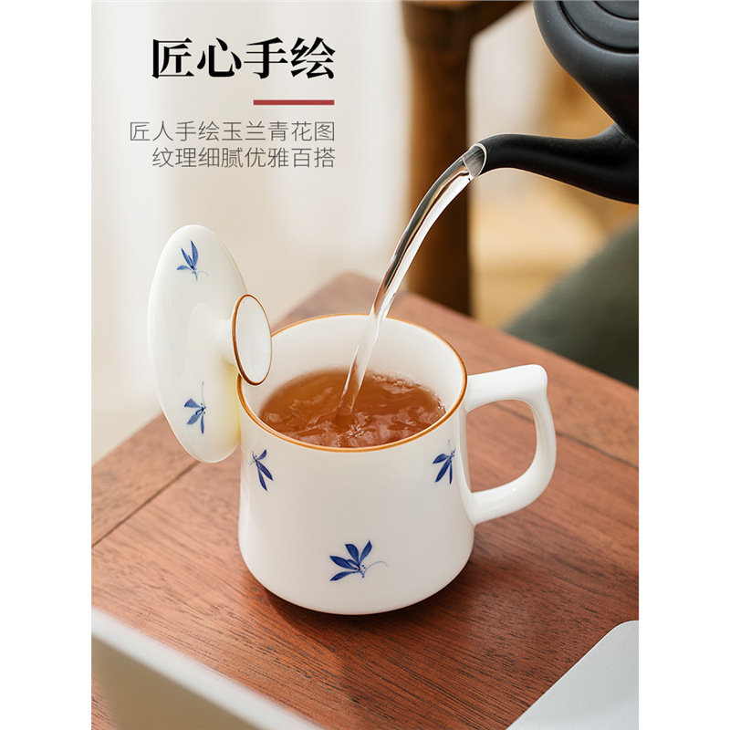 Cốc văn phòng sứ trắng mộc lan vẽ tay cốc nước cá nhân văn phòng gia dụng cốc trà cốc gốm sứ giá trị cao