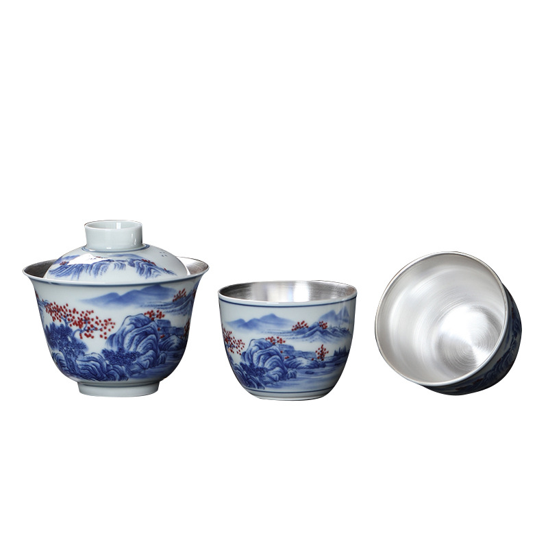 Ấm pha trà cầm tay gia dụng Bộ trà Kung Fu 999 bạc sterling một bình hai cốc bộ trà du lịch xách tay gốm sứ
