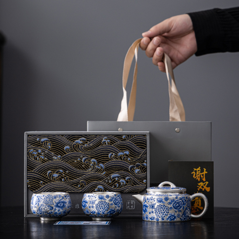 Bộ trà bạc trắng và xanh sáng tạo văn hóa Đôn Hoàng với một nồi và hai cốc làm quà tặng cho người lớn tuổi và người nước ngoài Quà lưu niệm kinh doanh của công ty