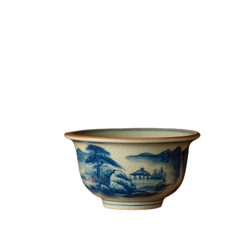 Jingdezhen cũ đất vẽ tay chủ nhân cốc phong cảnh màu xanh và trắng cốc trà gốm sứ Kung Fu Bộ trà cốc đơn bán buôn