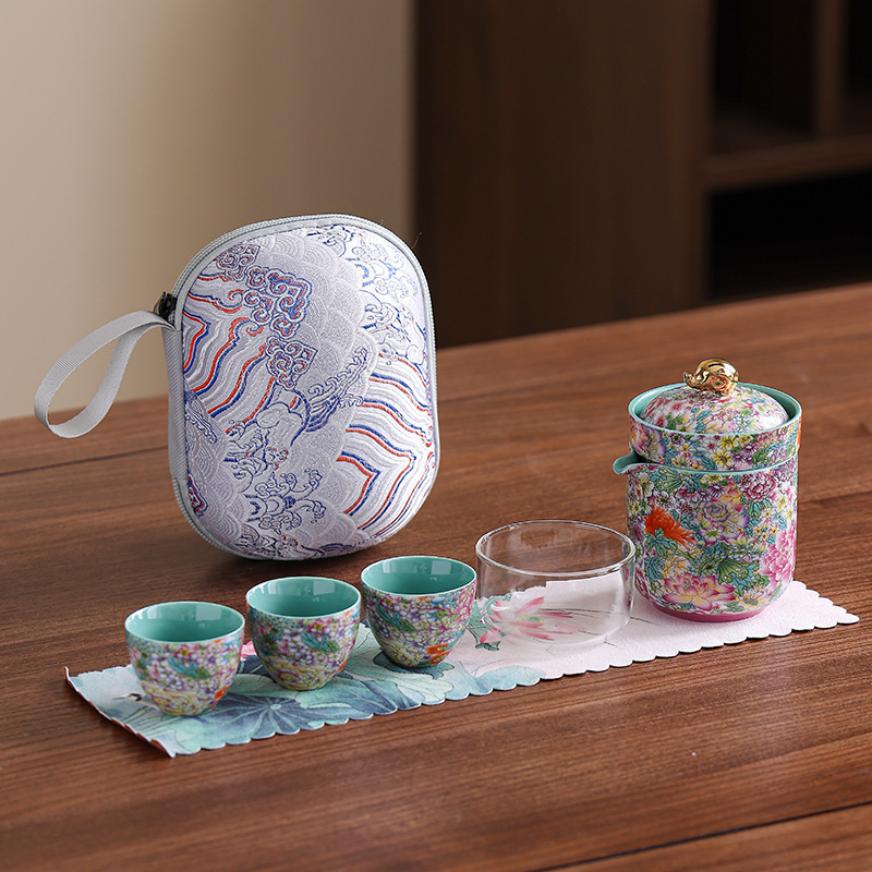 Men du lịch ngoài trời bộ trà kung fu bộ lọc lót một nồi bốn cốc nhanh cốc trà thủy tinh