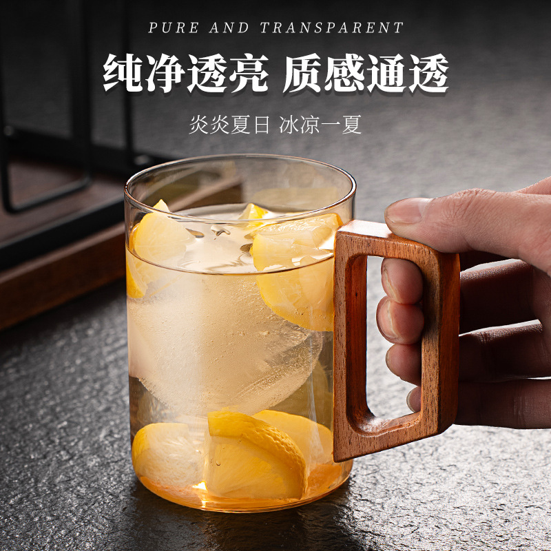 Bộ cốc nước thủy tinh gỗ óc chó cao cấp cốc trà gia dụng có tay cầm cốc uống nước chuyên dụng trà xanh