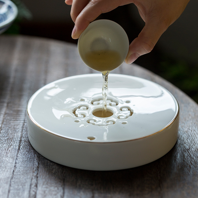 Khay ủ khô Khay bàn ủ trà đế Nắp ấm trà hình tròn phong cách Trung Quốc sơn vàng sứ trắng Thiền đơn giản
