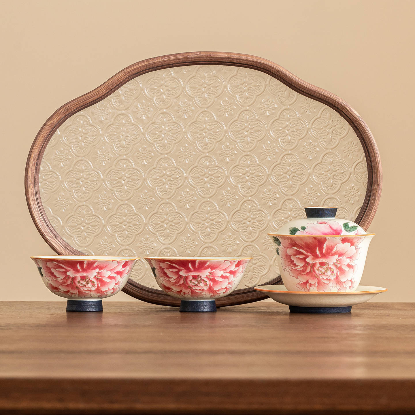 Bộ ấm chén trà ba món màu trắng đá khoáng, hoa mẫu đơn vàng, gốm sứ, di động, du lịch ngoài trời