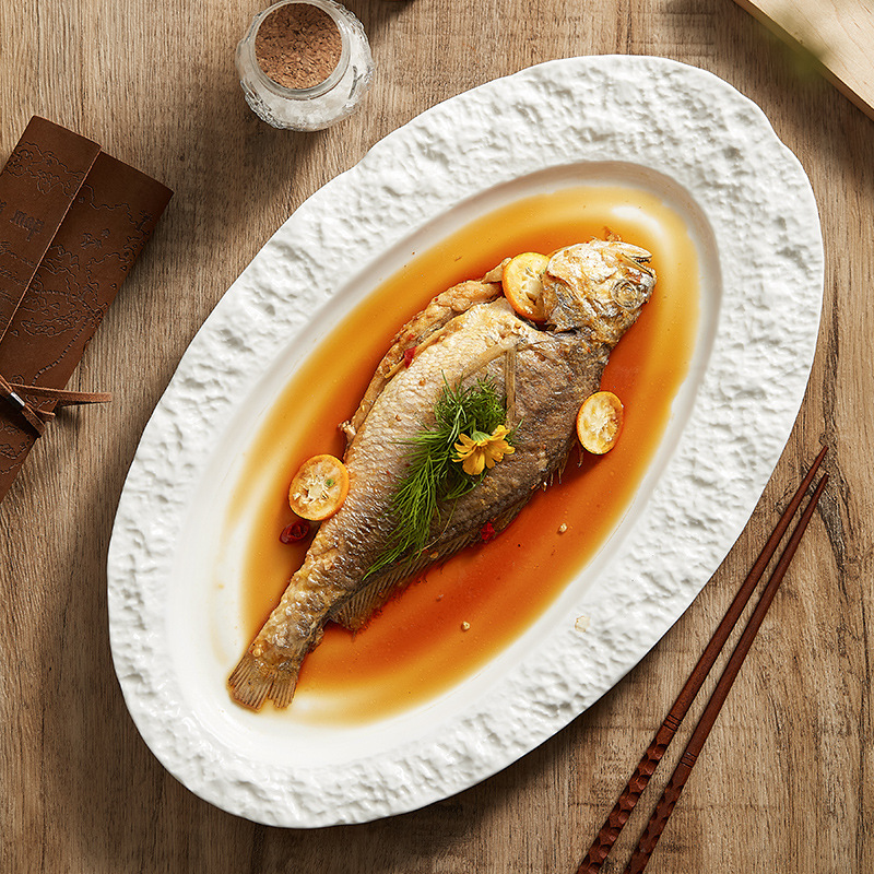 Đĩa cá bằng gốm, đĩa cao cấp, đĩa ăn, bộ đồ ăn gia đình lớn đơn giản sáng tạo, đĩa hình bầu dục, đĩa trình bày khách sạn