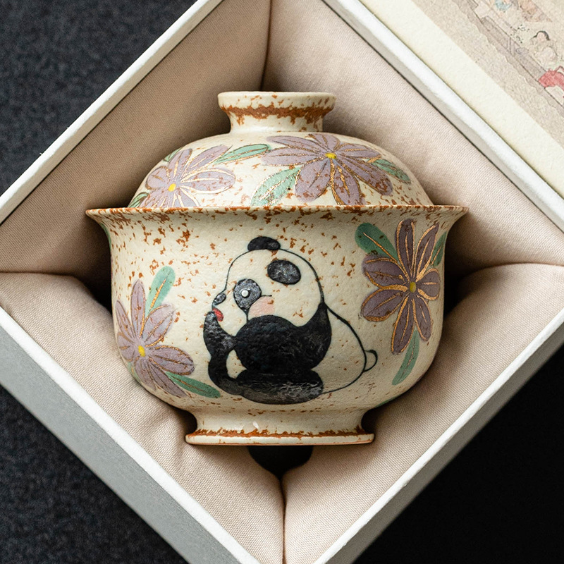 Màu xanh và trắng, đá lửa đỏ, bát có nắp, bát trà hoa cúc vẽ tay gấu trúc, bát pha trà cao cấp gia dụng có nắp, cốc trà