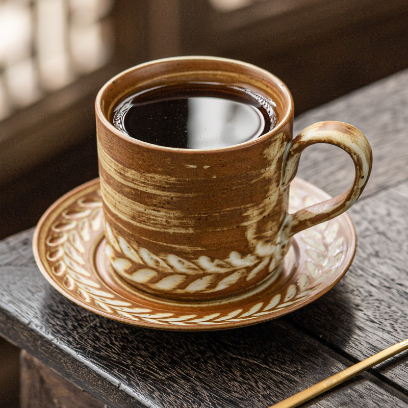 Bộ tách và đĩa cà phê họa tiết lúa mì, cốc cappuccino latte phong cách châu Âu cổ điển gia dụng, cốc kéo cà phê lạ mắt