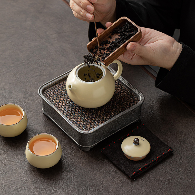 Ấm trà Ru Kiln màu be ấm trà đơn ấm trà gốm sứ cốc trà gia dụng ấm trà Xi Shi bộ ấm trà sứ Ru