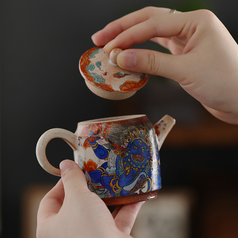 Ấm trà thangka bầu trời đen lớn vẽ tay Shiinoyaki Bộ trà Kung Fu cổ điển Ấm pha trà gốm sứ hoàn toàn bằng tay
