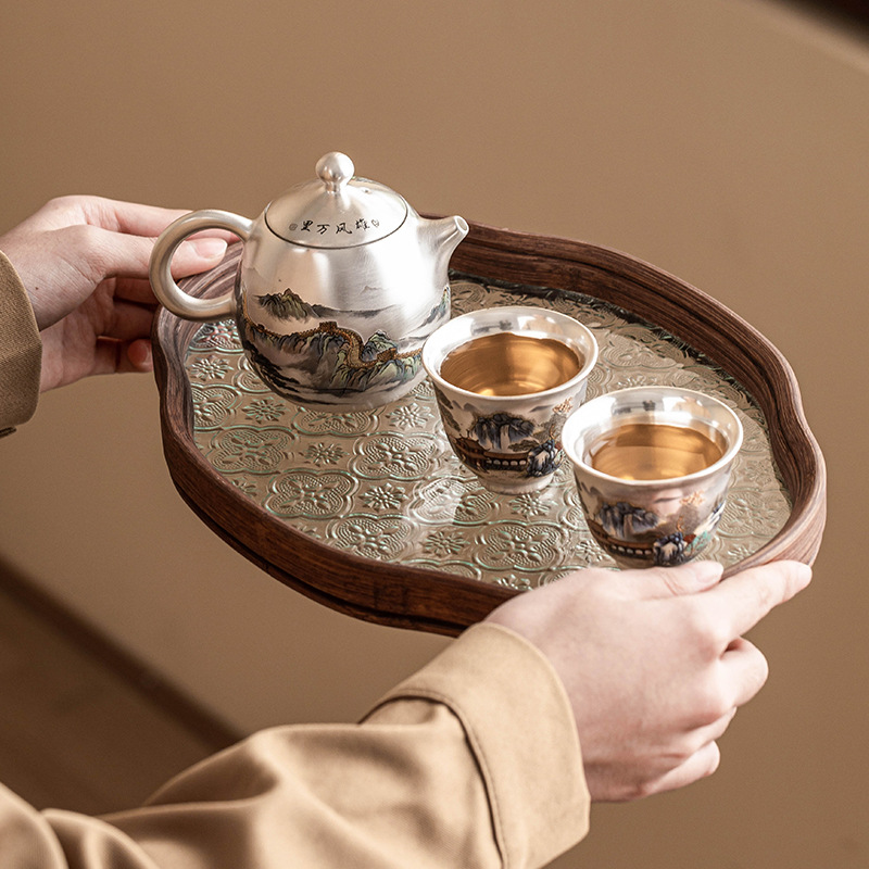 Bộ ấm trà 999 bạc mạ bạc Xiongfeng Wanli bộ ấm trà gia dụng một ấm hai cốc cao cấp sang trọng ấm trà hộp quà