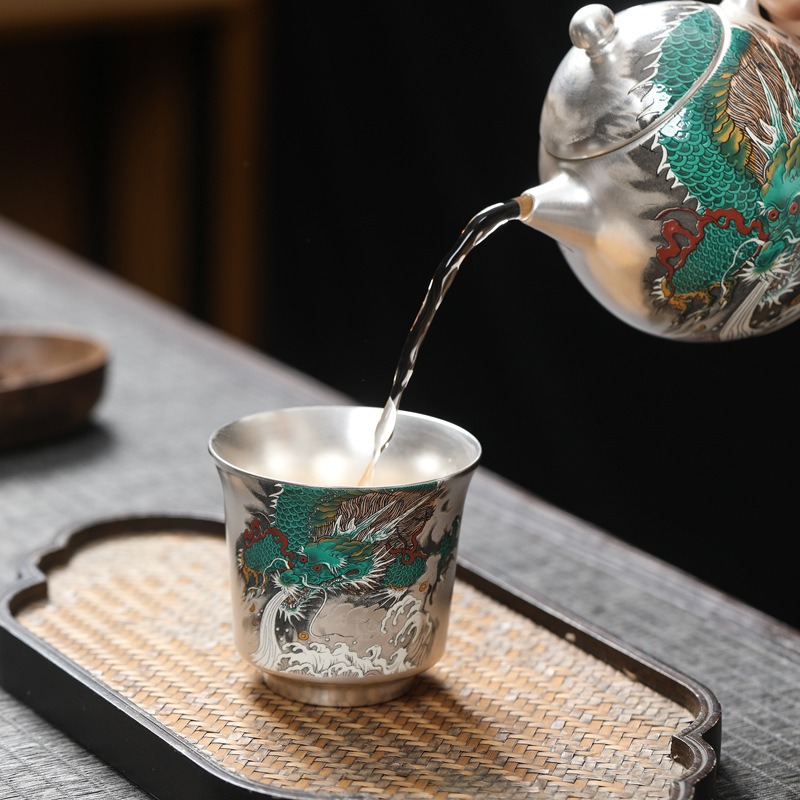Bộ tách trà chủ nhân cỡ lớn thủ công mạ bạc gia dụng Bộ trà Kung Fu cao cấp Chén trà mạ bạc Thanh Long