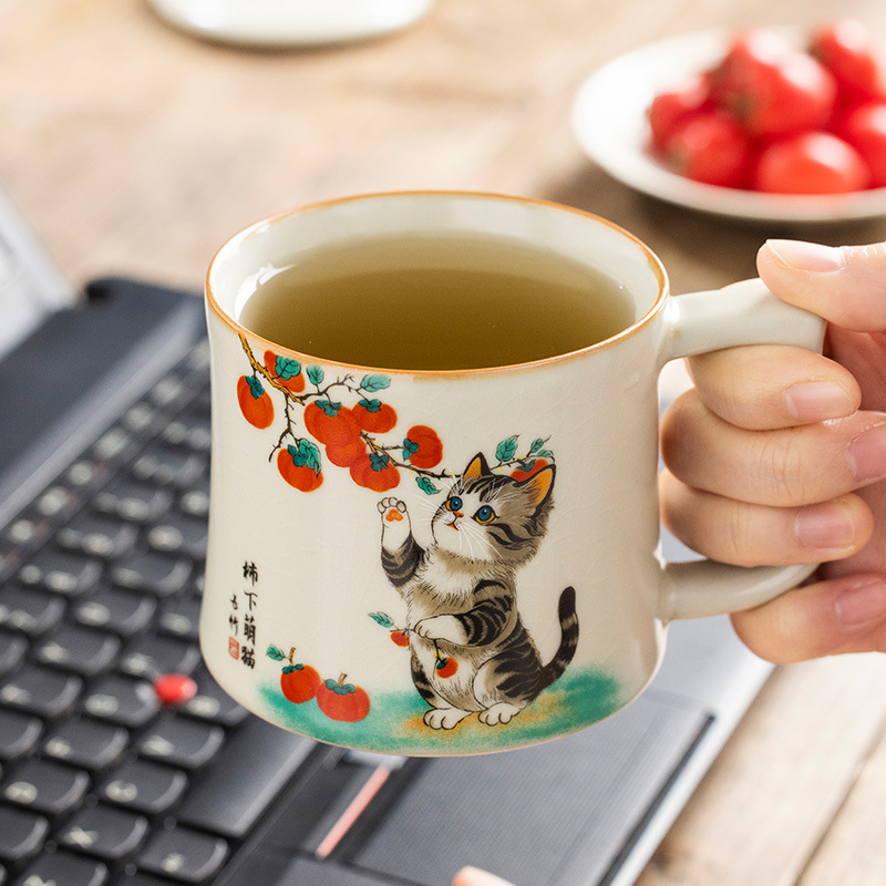 Cốc trà gốm sứ mèo dễ thương dưới hồng Ru Kiln cốc cốc nước có nắp cốc gia dụng