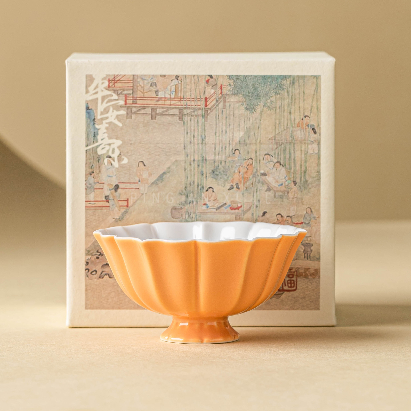 Cốc cánh sen chân cao màu cam cốc trà gốm sứ cốc chủ nhân cốc đơn dụng cụ trà kungfu đơn giản gia dụng cốc trà