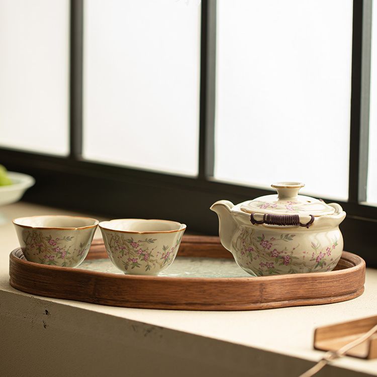 Ấm cầm tay Ru Kiln màu be, bát có nắp cỡ lớn, chén trà, khay trà, bát pha trà chống bỏng, bộ trà Kung Fu cao cấp mở lát