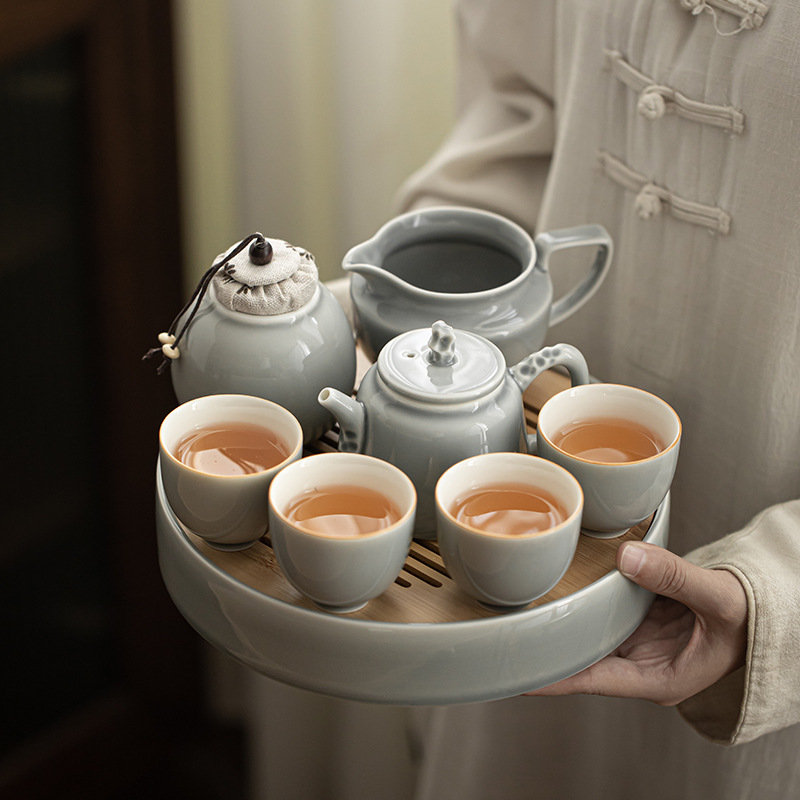 Bộ ấm trà tráng men đá xám Khay trà trữ nước gia dụng đơn giản kiểu Nhật Bộ ấm trà Kung Fu bộ nhỏ pha khô hộp quà