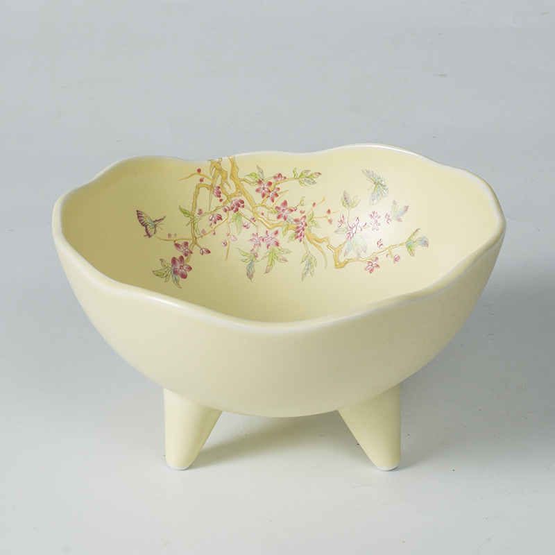 Đĩa trái cây, đĩa giải khát chân cao gốm sứ kiểu Trung Quốc, đĩa đựng đồ ăn nhẹ, đĩa ăn vặt, bát ba chân không đều trong phòng khách