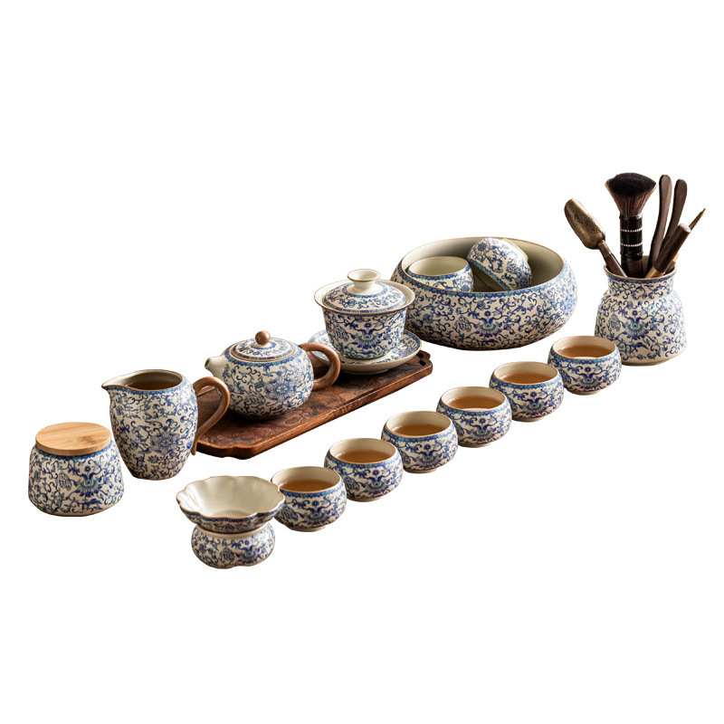 Bộ dụng cụ pha trà Kung Fu màu xanh và trắng của Ru Kiln, bộ dụng cụ pha trà văn phòng gia dụng, bình trà, tách trà, phụ kiện bộ trà