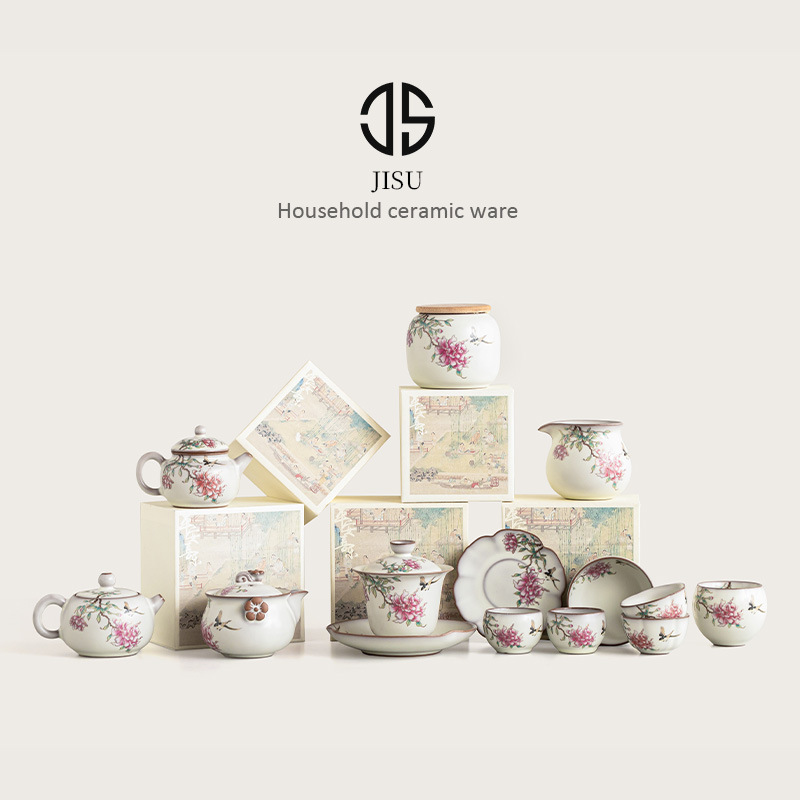 Bộ ấm chén trà Ruyao Kung Fu, thạch mỡ heo, hoa mẫu đơn, bát sứ Ru có nắp, tách trà, ấm trà, tách trà, đế lót ly, hộp đựng trà
