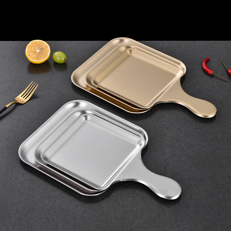 Đĩa vuông Inox 304 có tay cầm đựng bít tết - gà rán - topping lẩu, decor cho nhà hàng PBCP33V