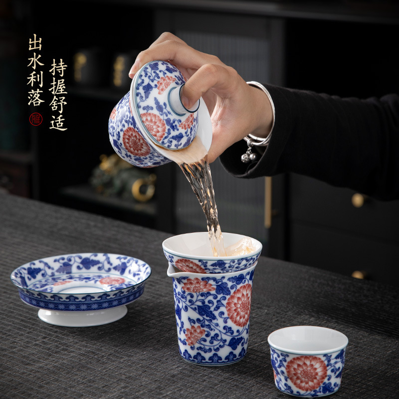 Cao cấp sang trọng nhẹ màu xanh lam sứ lớn bát có nắp ba tài cốc trà dụng cụ pha trà Kung Fu gia dụng bát trà có nắp bán buôn