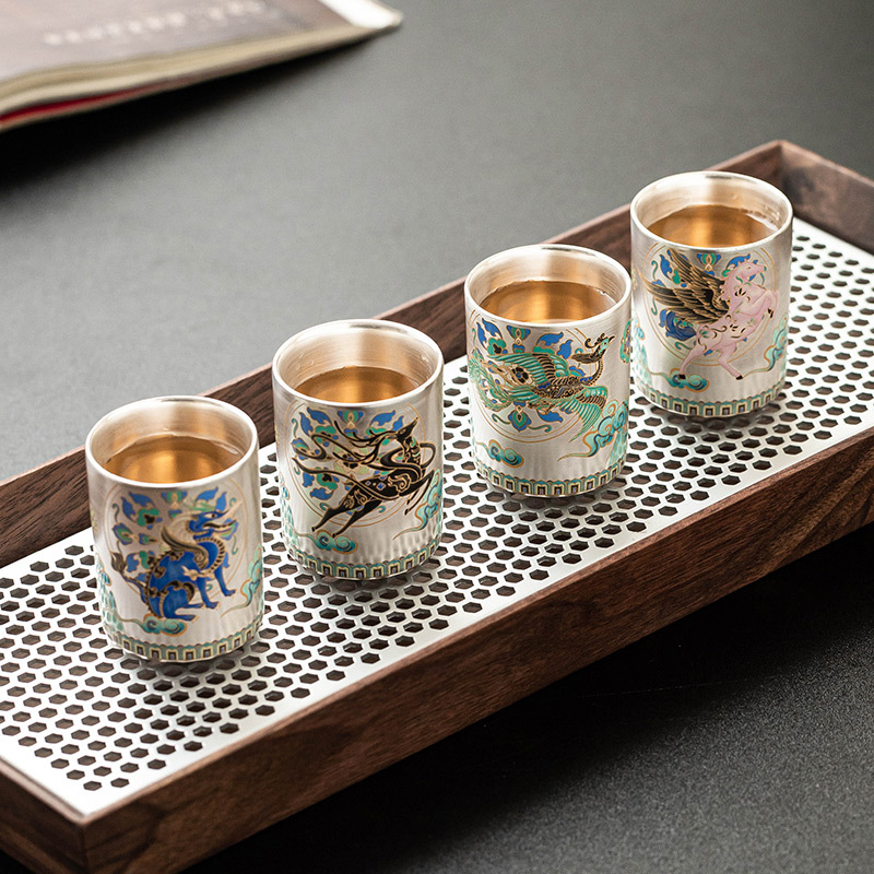 Hộp quà bộ trà Kung Fu mạ bạc 999 cốc thẳng bốn cốc trà cao cấp sang trọng cốc uống trà gia dụng